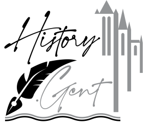 Logo voor History.Gent. Het bevat het oude drietorentjes-logo van Stad Gent, waarbij een eigenzinnige schrijfveer de kabbelende golfjes eronder beschrijft.